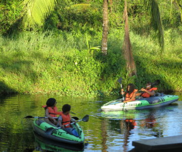 Kinder im Kanu auf einem Seitenarm des Commewijne Flusses in Suriname