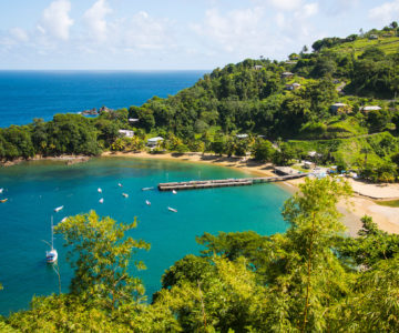 Strandbucht mit Jachten und von grünen Bergen eingerahmt auf Tobago