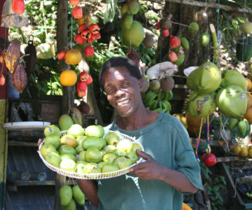 Obstverkäufer mit Orangen und Kokosnüssen an einem Stand in Jamaica