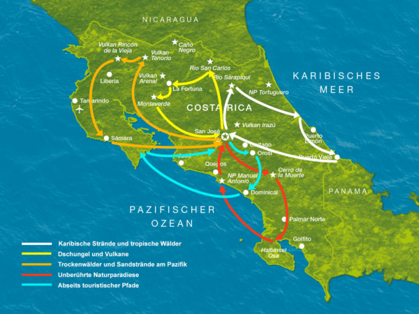 Karte der Bausteine Mietwagenreisen: Karibische Strände und tropische Wälder, Dschungel und Vulkane, Trockenwälder und Sandstrände am Pazifik, Unberührte Naturparadiese, Abseits touristischer Pfade