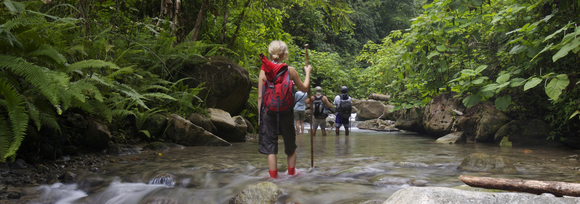 Wanderer in einem Fluss im Talamanca-Gebirge in Costa Rica