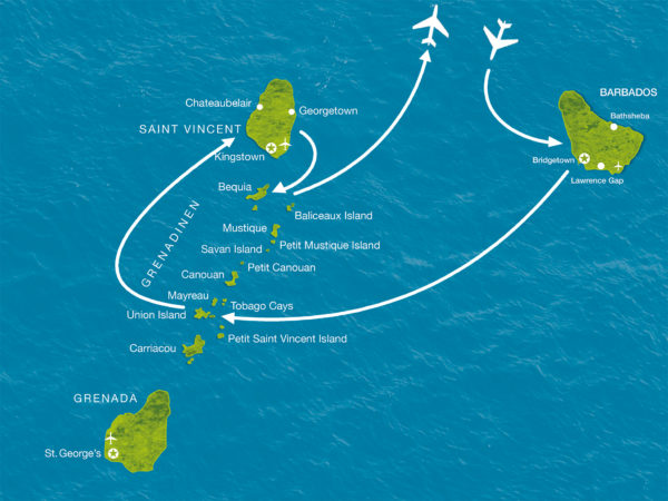 Karte der Reise Barbados und die Grenadinen inklusive Jachtkreuzfahrt