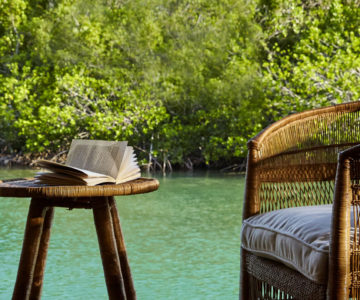 Aufgeschlagenes Buch auf einer Sitzgruppe einer Terrasse direkt am Meer mit tropischem Hintergrund