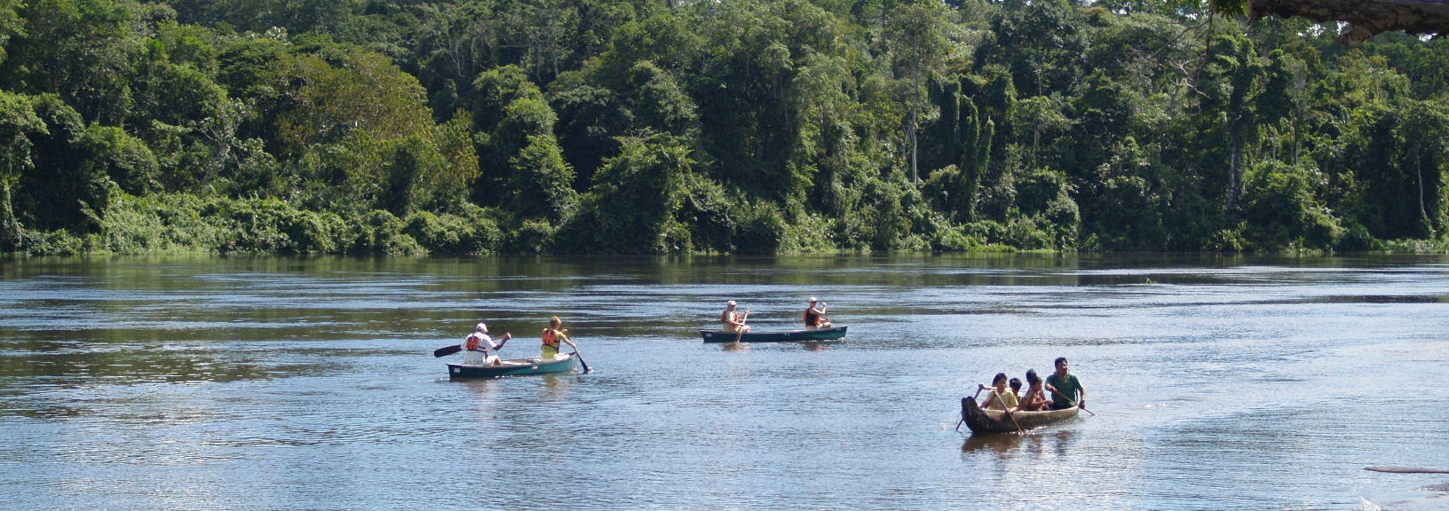 Paddelnde Touristen und Indianer auf dem Tapanahony River in Suriname