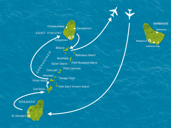 Karte der Reise Grenada und die Grenadinen inklusive Jachtkreuzfahrt