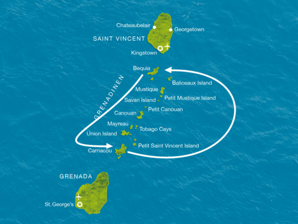 Karte der Reise In den Grenadinen unterwegs auf einer Privatjacht ab bis Carriacou