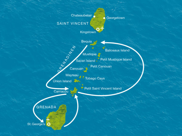 Karte der Reise in den Grenadinen unterwegs auf einer Privatjacht ab bis Grenada