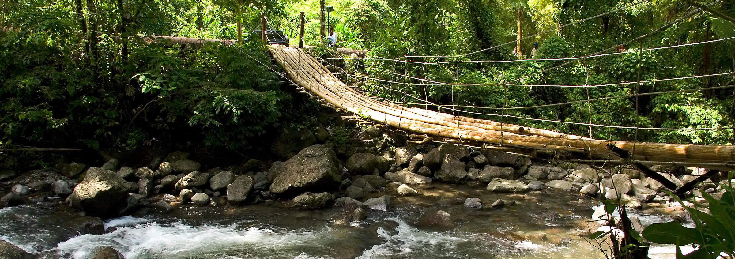 Bambushängebrücke über einen Fluss auf St. Vincent