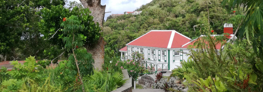 Weißes Holzhaus auf Saba mitten im Grünen
