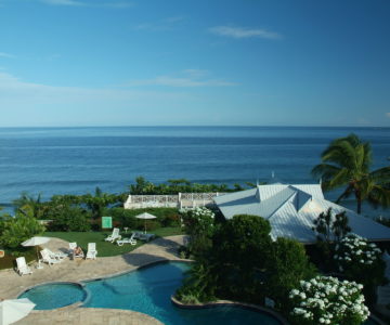 Tropikist Beach Hotel, Tobago, Crown Point, Blick aus dem Zimmer auf das Meer