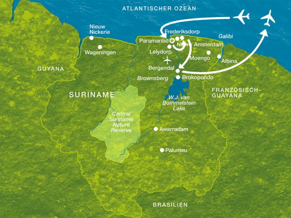 Karte der Reise Suriname erste Eindrücke